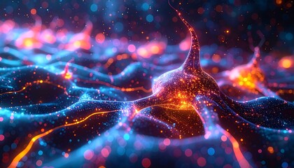 Abstract neuron network glowing with blue & orange lights, conveying depth and intricate detail