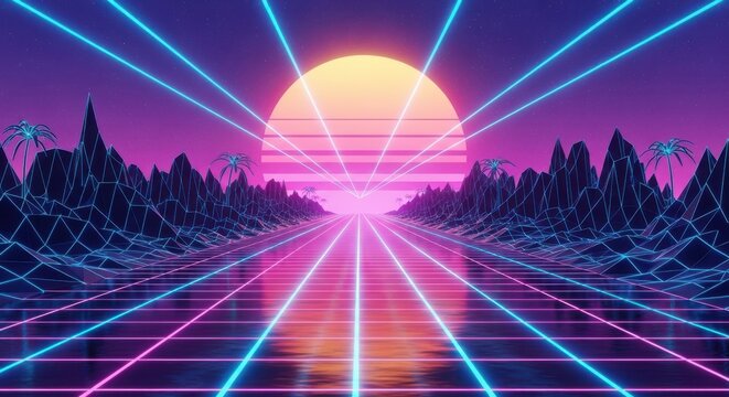 Illustration of retro futuristic landscape with sun and neon grid in 80s style background
