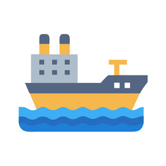 Flat vector style cargo ship sailing on wavy ocean