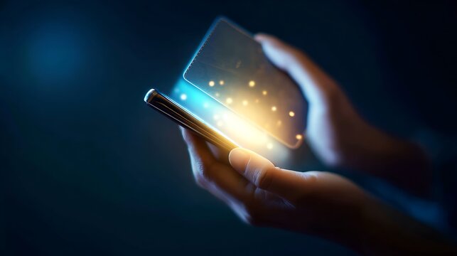 Hands holding a futuristic foldable smartphone with glowing particles and blue light, representing innovation and the future of mobile technology