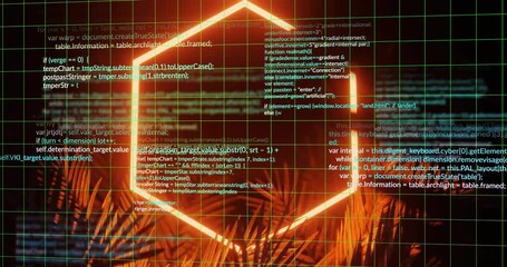 Glowing orange hexagon forming after grid pulse, pulling code and lighting palm fronds to show data - Powered by Adobe