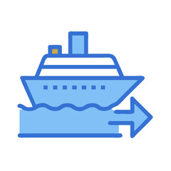 Blue icon of cruise ship leaving with arrow