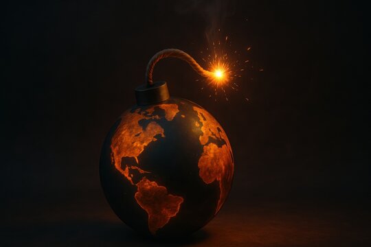 Globe designed as bomb, featuring lit fuse and glowing continents, global tension and urgency. dark background dramatic effect of explosive