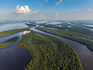 Beautiful aerial view to green amazon rainforest islands