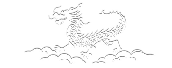 A stylized, monochrome illustration of a dragon rising from clouds. The dragon is rendered with a white outline and a soft gray shadow effect, creating a 3D look. The background is plain white.