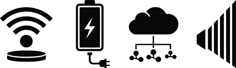 Wifi battery cloud network and sound wave icons wi-fi