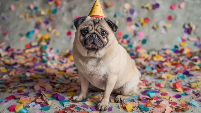 attentive pug dog sitting amid colorful confetti at a birthday party with copy space celebrating a festive occasion fun pet photography for advertising and promotional concepts
