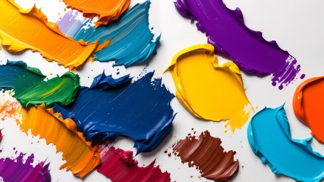 Close-up view of vibrant, textured paint strokes in various colors on a white background