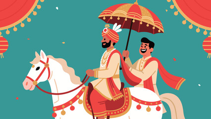 Festive Indian Wedding Baraat Procession with Groom on Horseback
