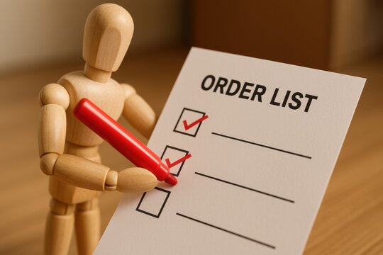 Wooden figure holds red marker, checking off items on order list. scene conveys organization and productivity, importance of planning and task management
