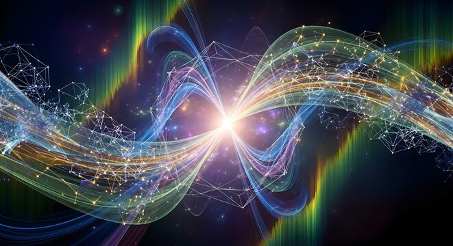 Dynamic abstract background with glowing central light, intertwined data waves, and network connections symbolizing modern technology, quantum physics, and digital communication