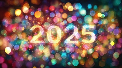 2025 new year celebration with colorful bokeh lights and sparkling background