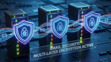 Futuristic email security concept with shields, encrypted data streams, and protected server towers, illustrating advanced cybersecurity layers