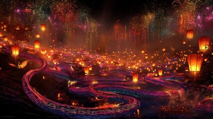vibrant 2025 year of the snake celebration with fireworks and glowing lanterns