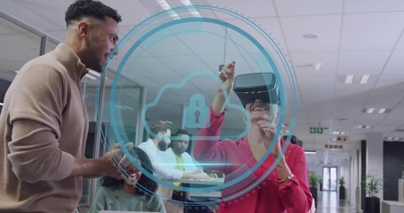 Blue security title appearing, woman donning VR headset and pointing, cloud lock expanding for demo - Powered by Adobe