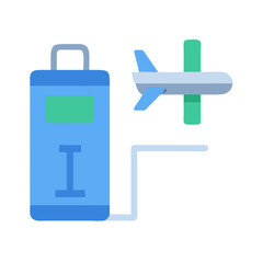 Minimalist blue suitcase and airplane icon on black background