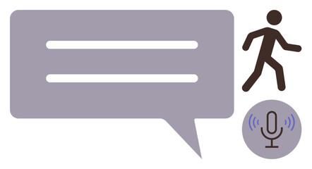 Large speech bubble with text lines, human figure walking, microphone icon with sound waves. Ideal for communication, voice recognition, mobility, modern technology, speech synthesis, transcription