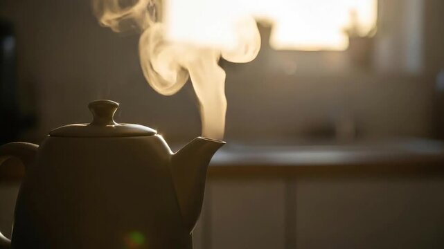 Steaming teapot silhouette with warm sunlight bokeh background
