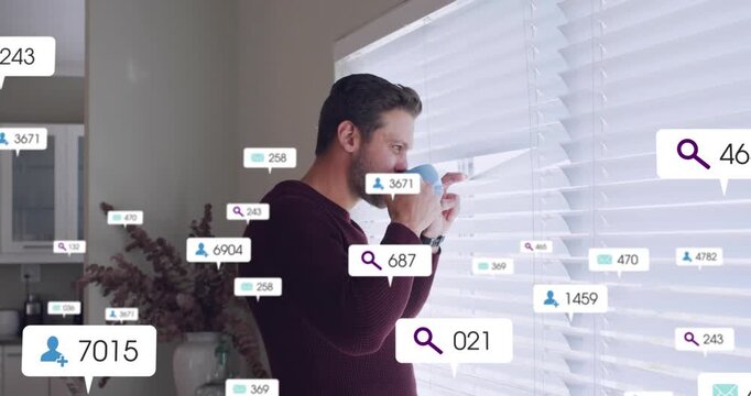 Man peering out, lifting blind slat and sipping mug, sparking tech search icons and badges growing