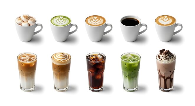 Assortment of hot and cold coffee and tea drinks with toppings latte matcha
