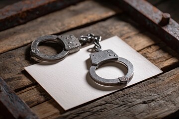 Handcuffs rest on a white paper square on a weathered wooden surface framed by rustic metal edges