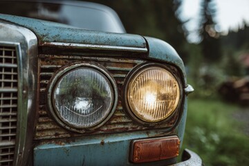 Closeup of a rusted blue vintage car featuring round headlights one illuminated The grill is visible on the left