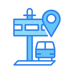 Blue cartoon bus station sign with location pin icon