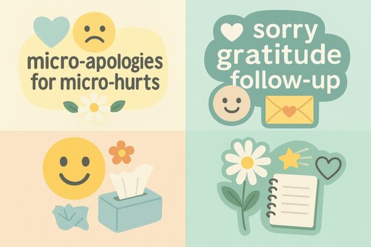 Emotional communication visualizing micro apologies gratitude follow ups focused on healing interpersonal relationships through thoughtful gestures and sincere expressions of care