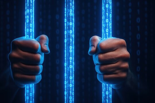 Digital prison bars symbolize confinement in virtual world, with hands gripping bars, representing struggle and resistance against digital constraints