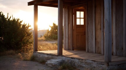 Fototapeta premium A rustic wooden shack features an inviting open doorway and weathered porch illuminated by the warm golden light of a setting or rising sun