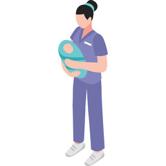 Medical Professional In Purple Scrubs Carefully Holding A Newborn Baby With Light Blue Swaddle And White Sneakers In Studio Lighting With Transparent Background