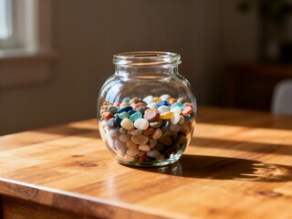 A clear glass jar filled with colorful, small beach pebbles sits on a wooden table. Sunlight creates a sharp shadow, emphasizing saving and collecting memories.