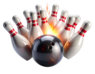 Bowling Ball Striking Pins in Mid-Impact, Dynamic Motion Freeze, Isolated on White Background, AI Generated