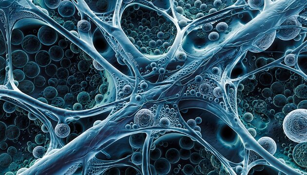 Abstract blue network cells and filaments intertwined, creating a complex, interconnected, web-like structure