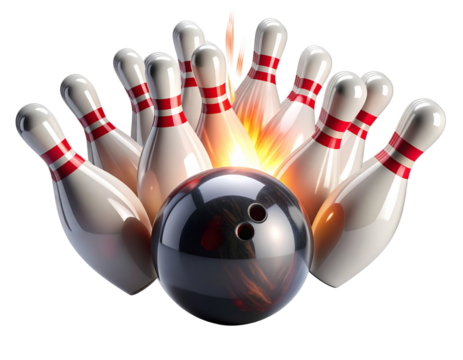 Bowling Ball Striking Pins in Mid-Impact, Dynamic Motion Freeze, Isolated on White Background, AI Generated