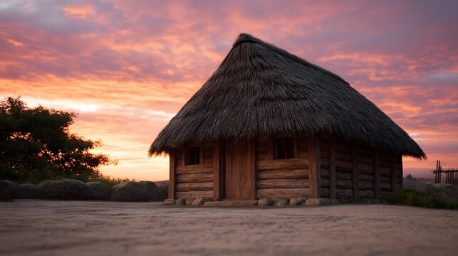 A rustic thatched roof wooden cabin glows warmly under a dramatic colorful sunset sky - Powered by Adobe