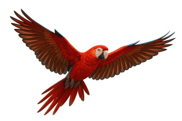 Obraz premium Scarlet macaw parrot flying with wings spread, vibrant red tropical bird, isolated element for design