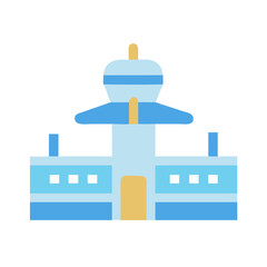 Simplified geometric airport control tower illustration on black backdrop