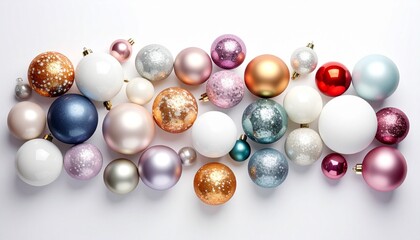 Colorful Christmas ornaments on white surface with glossy, matte, glitter, and metallic textures