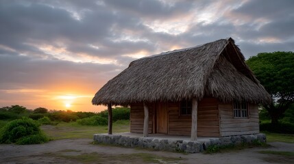 Fototapeta premium Rustic wooden hut with thatched roof at sunset in a natural landscape