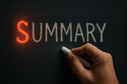 Hand writing summary on chalkboard with white chalk, education and communication