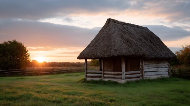 A rustic wooden cabin with a thatched roof glows in the warm light of a setting sun over a peaceful rural landscape
