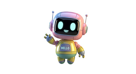 Cute pink and yellow robot waving hello isolated on transparent background