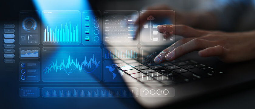 Digital Business Analytics Dashboard and Data Visualization on a Virtual Touchscreen Interface.