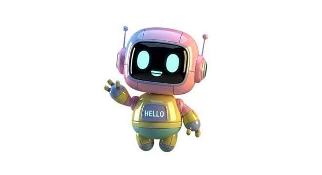 Cute pink and yellow robot waving hello isolated on transparent background