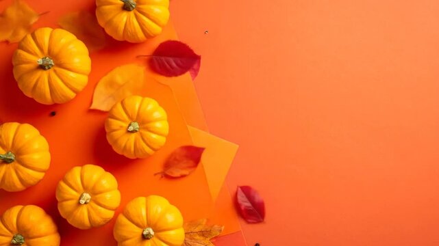 Overhead shot of fall harvest arrangement. Orange backdrop with pumpkins and leaves