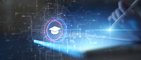 E-learning and Digital Education Platform Illustrated on Futuristic Interface.