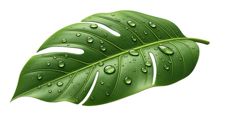 Realistic monstera leaf with fresh water droplets isolated on transparent background