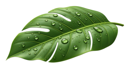 Realistic monstera leaf with fresh water droplets isolated on transparent background