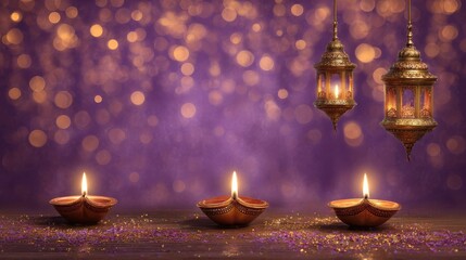 happy diwali greeting with traditional oil lamps diyas illuminated and hanging lanterns against a festive purple background with bokeh lights celebrating the festival of lights